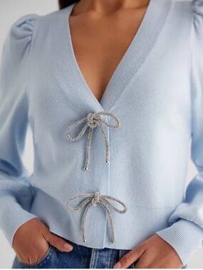 Express Pale Blue V-Neck Cardigan with Bow Tie Closures